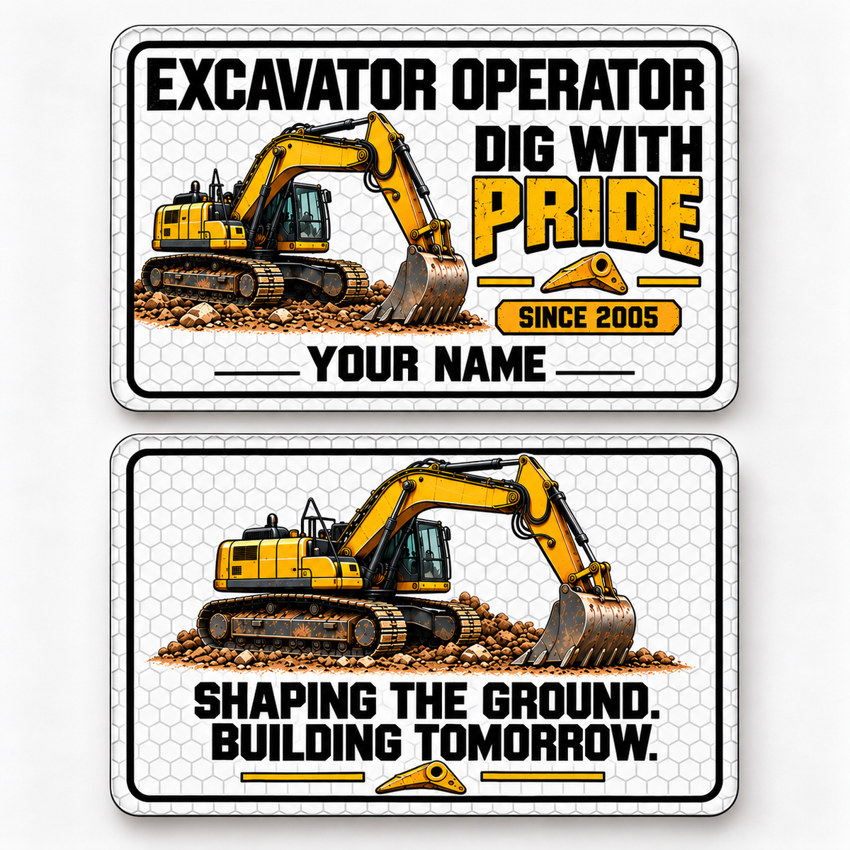 Front and reverse views of the Excavator Operator Honeycomb Pride aluminum wallet card, showing its trade-themed printed artwork.