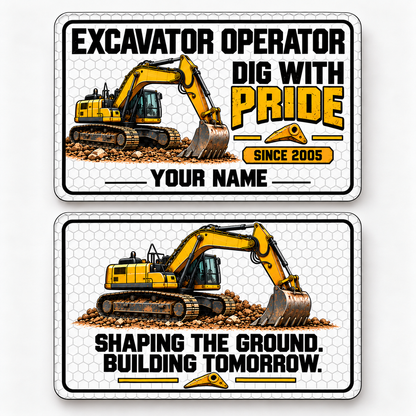 Front and reverse views of the Excavator Operator Honeycomb Pride aluminum wallet card, showing its trade-themed printed artwork.