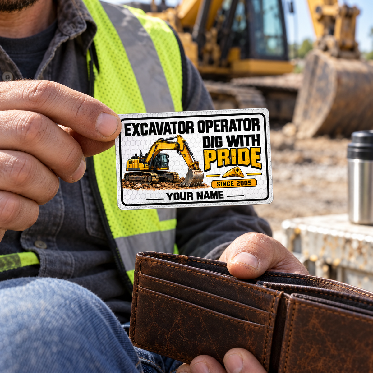 The printed front of the Excavator Operator Honeycomb Pride aluminum wallet card shown in an occupational lifestyle setting with an adult worker.