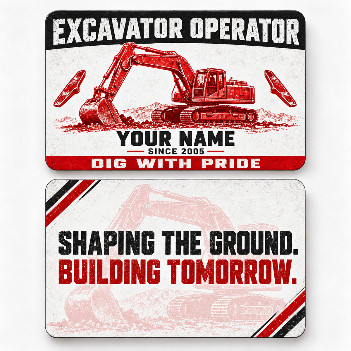 Front and reverse views of the Excavator Operator Red Monochrome Craft aluminum wallet card, showing its trade-themed printed artwork.