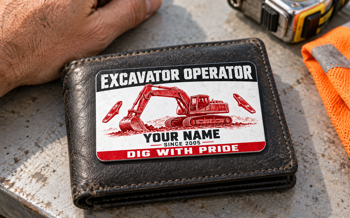 The printed front of the Excavator Operator Red Monochrome Craft aluminum wallet card shown in an occupational lifestyle setting with an adult worker.