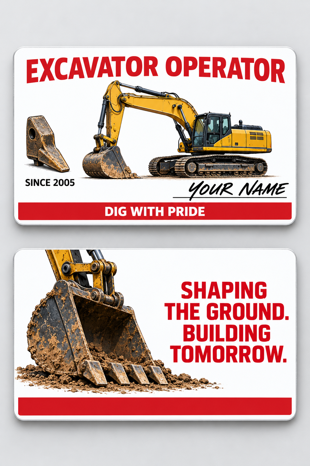 Front and reverse views of the Excavator Operator Signature Classic aluminum wallet card, showing its trade-themed printed artwork.