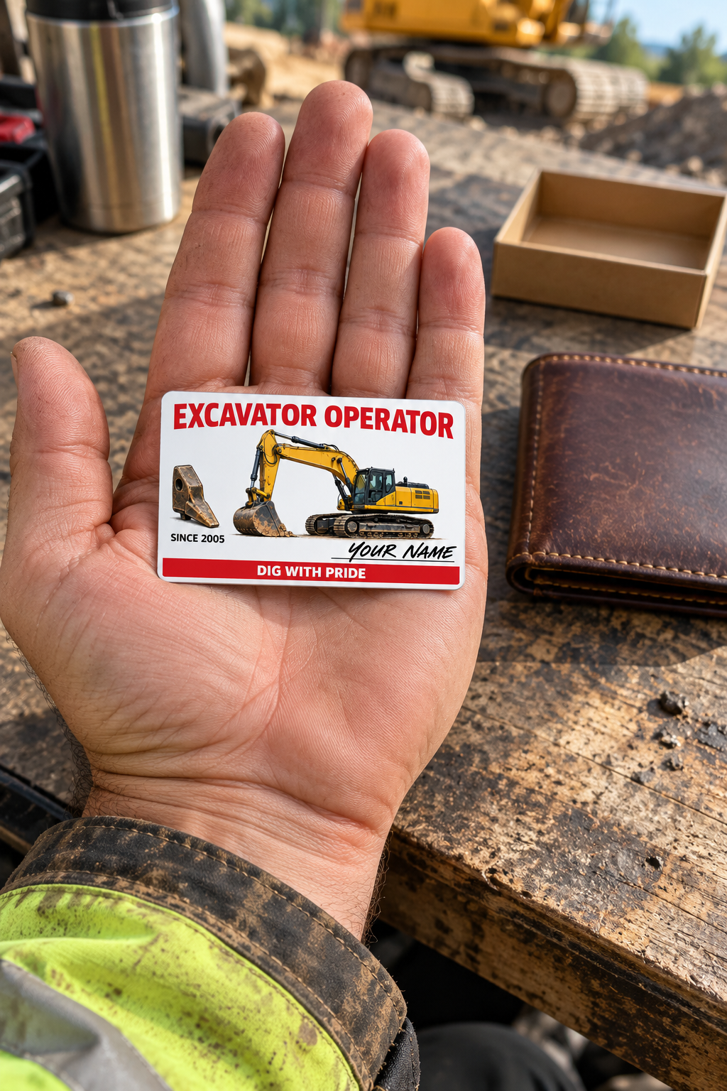 The printed front of the Excavator Operator Signature Classic aluminum wallet card shown in an occupational lifestyle setting with an adult worker.