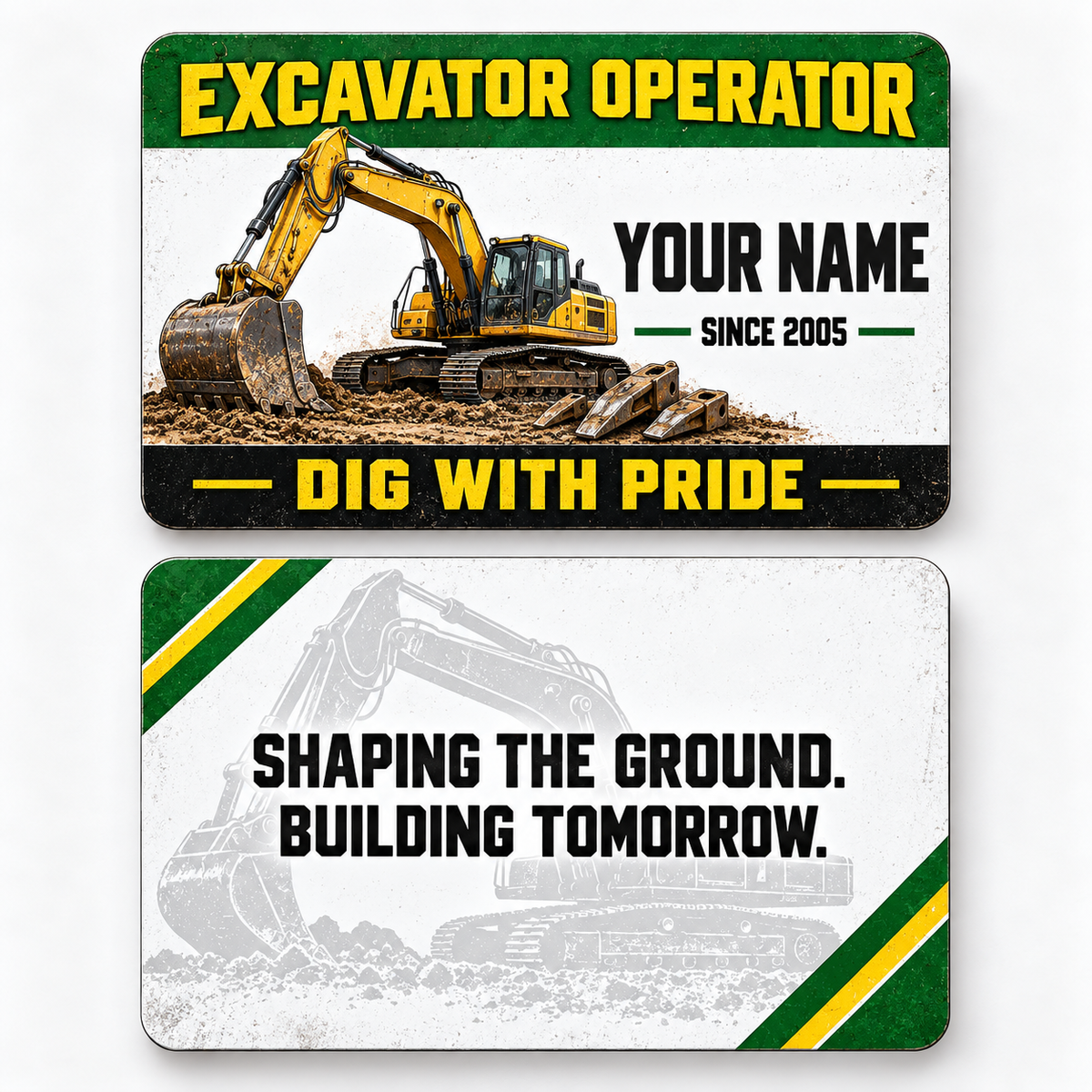Front and reverse views of the Excavator Operator Green Band aluminum wallet card, showing its trade-themed printed artwork.