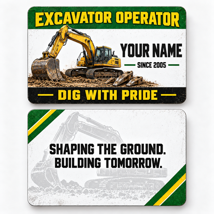 Front and reverse views of the Excavator Operator Green Band aluminum wallet card, showing its trade-themed printed artwork.