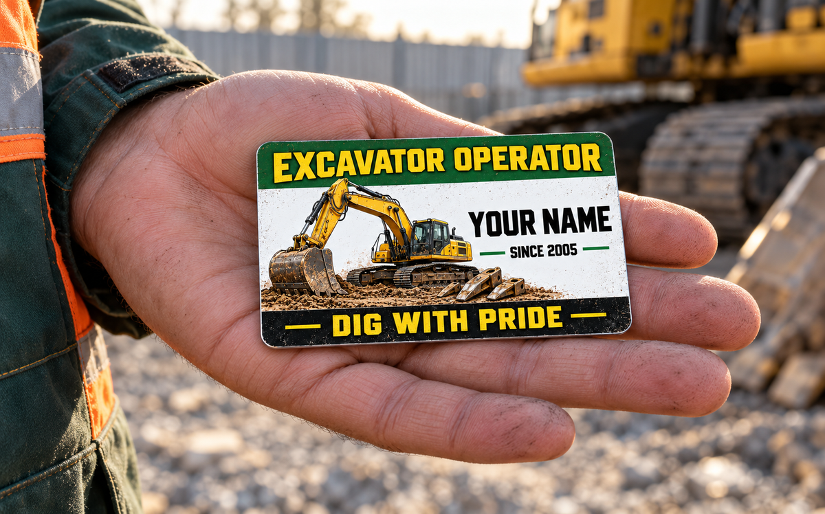 The printed front of the Excavator Operator Green Band aluminum wallet card shown in an occupational lifestyle setting with an adult worker.