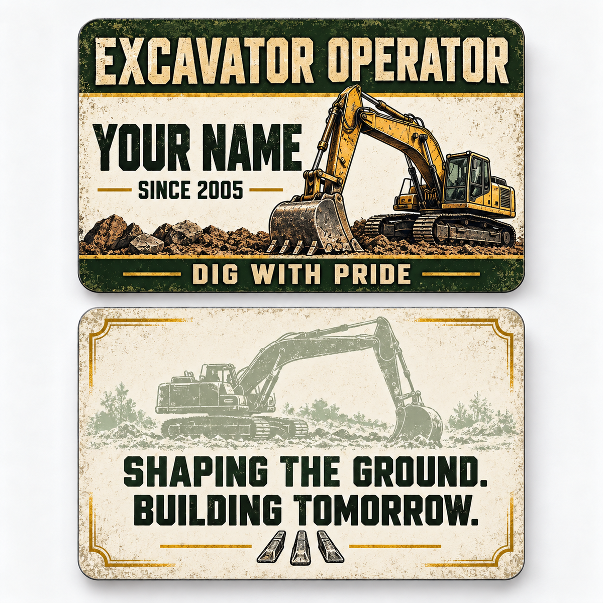 Front and reverse views of the Excavator Operator Heritage Band Appreciation aluminum wallet card, showing its trade-themed printed artwork.