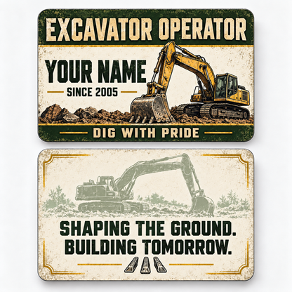 Front and reverse views of the Excavator Operator Heritage Band Appreciation aluminum wallet card, showing its trade-themed printed artwork.