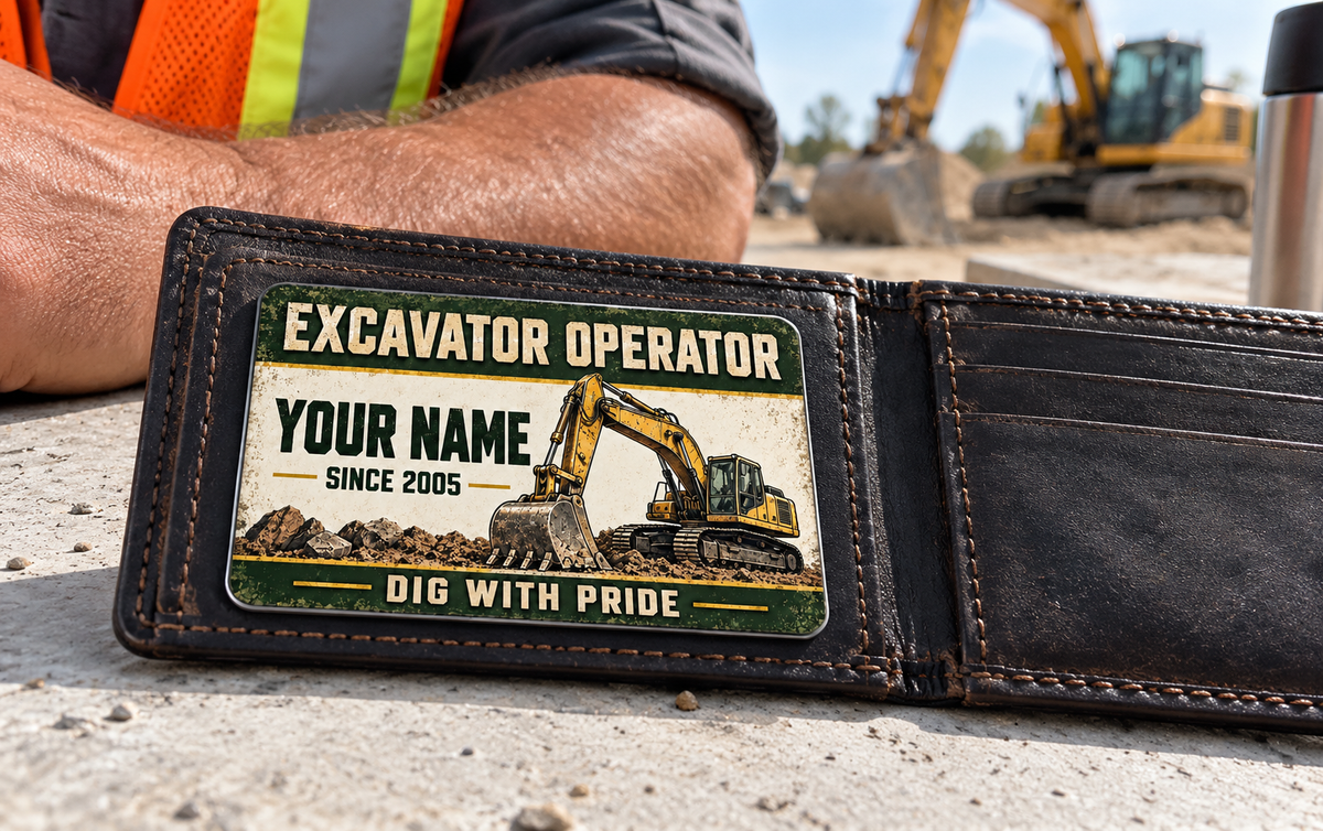 The printed front of the Excavator Operator Heritage Band Appreciation aluminum wallet card shown in an occupational lifestyle setting with an adult worker.