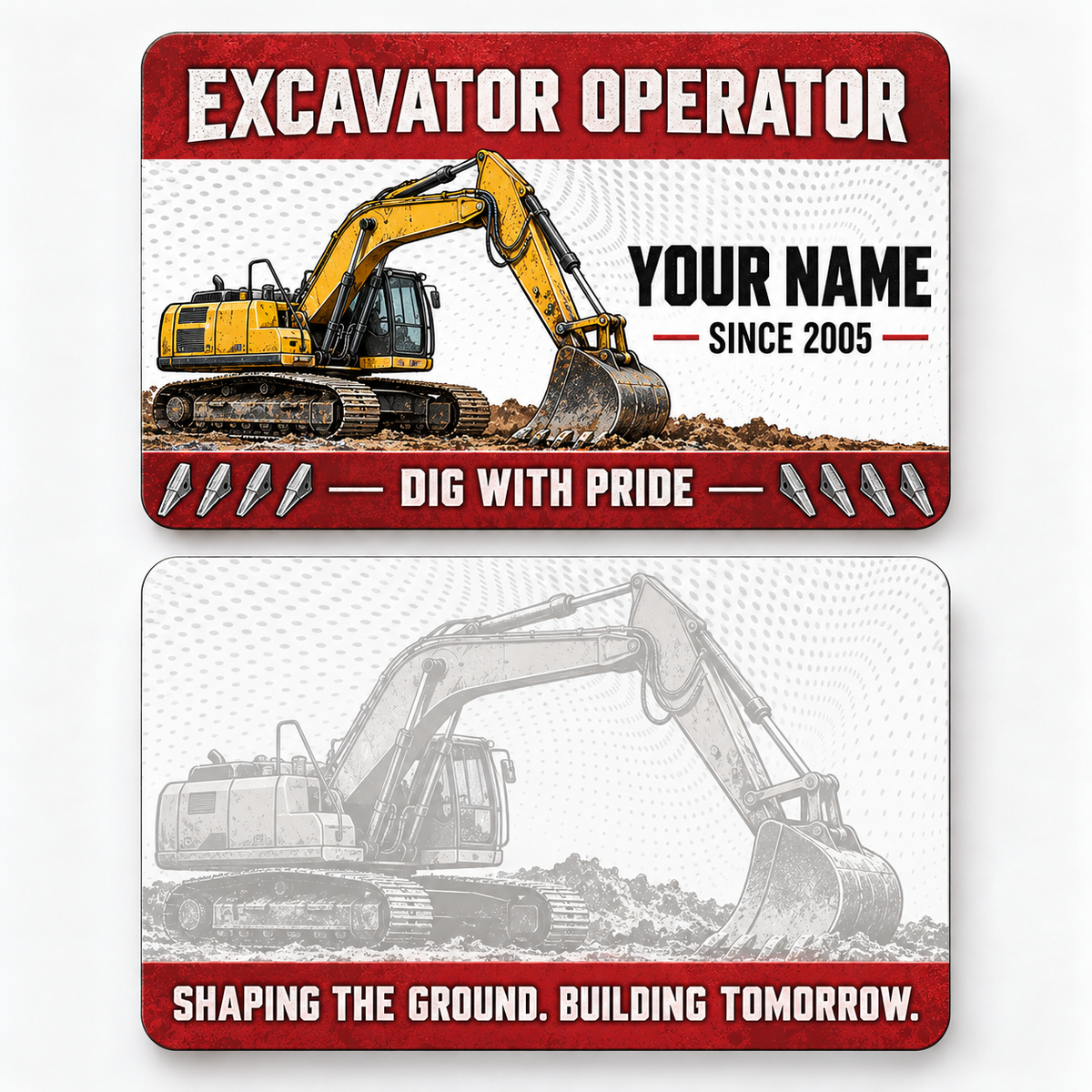 Front and reverse views of the Excavator Operator Red Header aluminum wallet card, showing its trade-themed printed artwork.