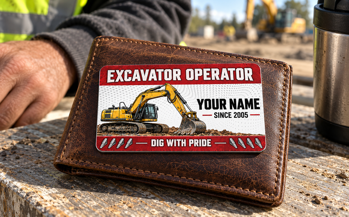 The printed front of the Excavator Operator Red Header aluminum wallet card shown in an occupational lifestyle setting with an adult worker.