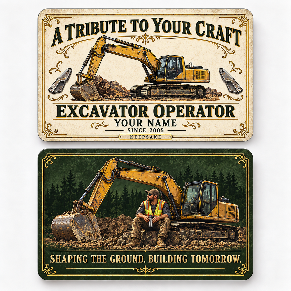 Front and reverse views of the Excavator Operator Ivory Heritage Tribute aluminum wallet card, showing its trade-themed printed artwork.