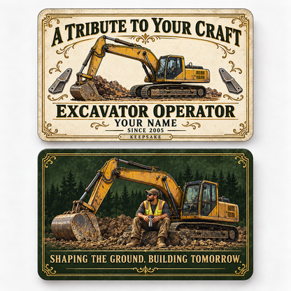 Front and reverse views of the Excavator Operator Ivory Heritage Tribute aluminum wallet card, showing its trade-themed printed artwork.