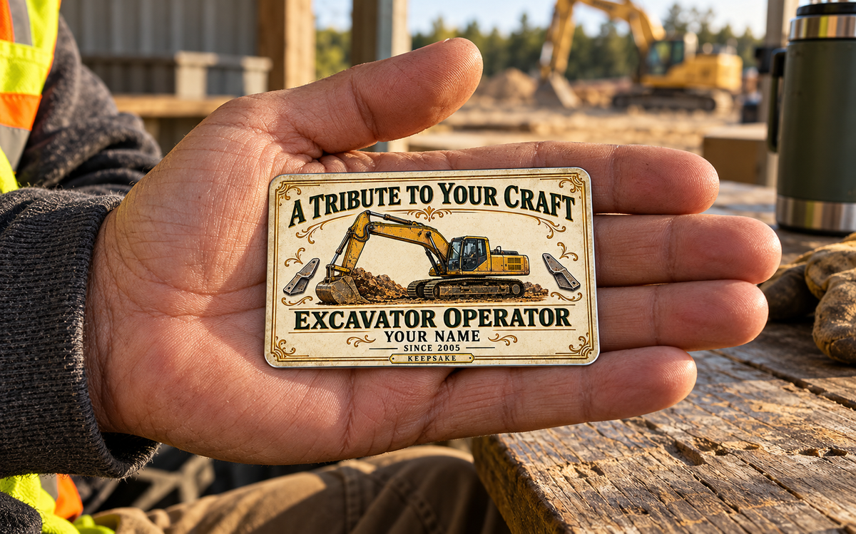 The printed front of the Excavator Operator Ivory Heritage Tribute aluminum wallet card shown in an occupational lifestyle setting with an adult worker.