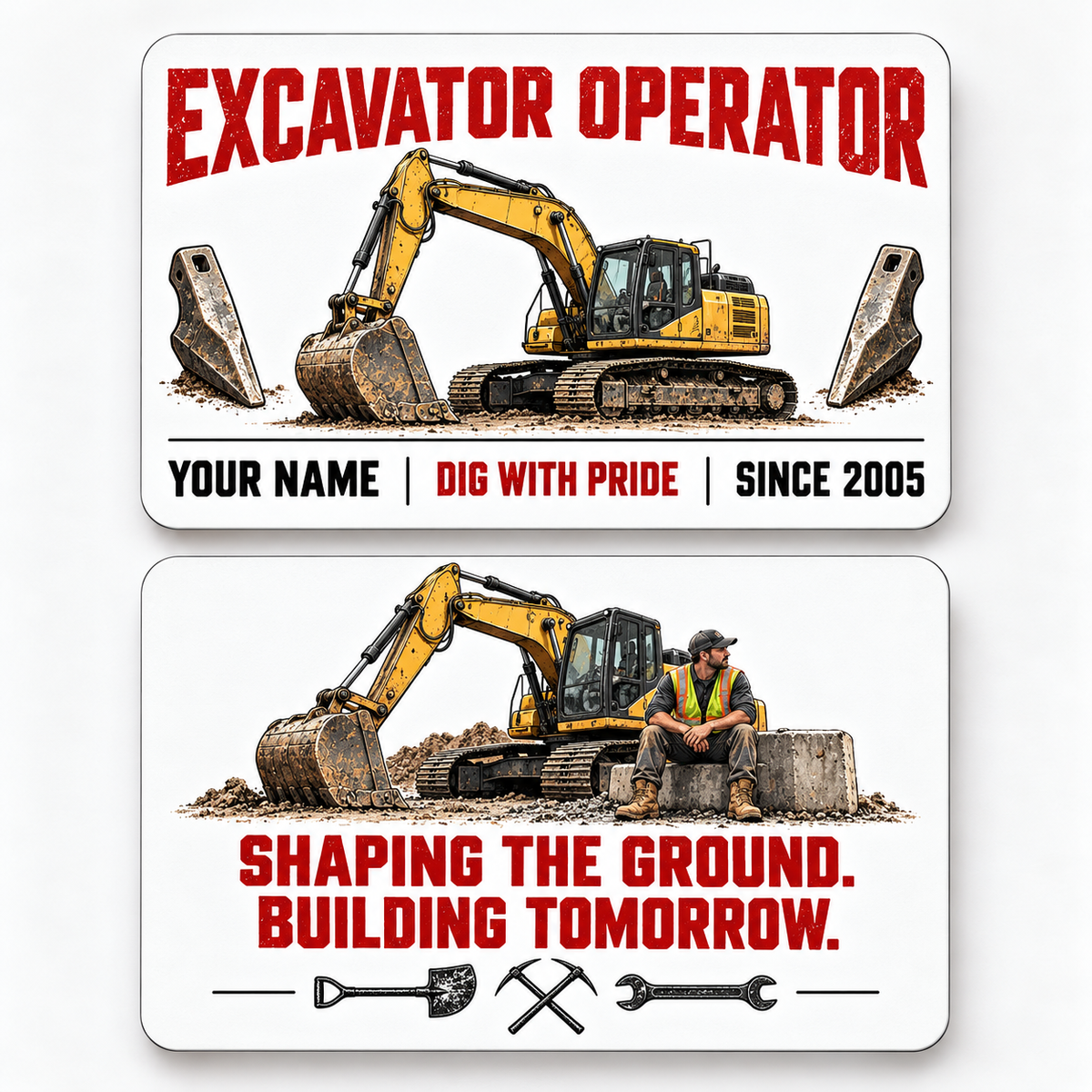 Front and reverse views of the Excavator Operator Minimal Tool Grid aluminum wallet card, showing its trade-themed printed artwork.