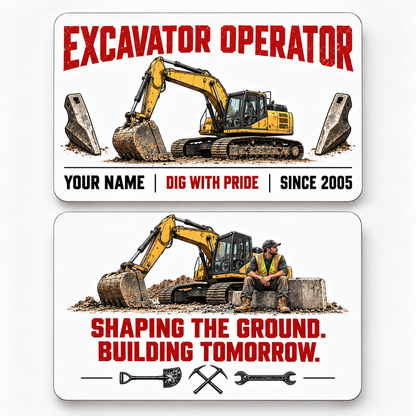 Front and reverse views of the Excavator Operator Minimal Tool Grid aluminum wallet card, showing its trade-themed printed artwork.
