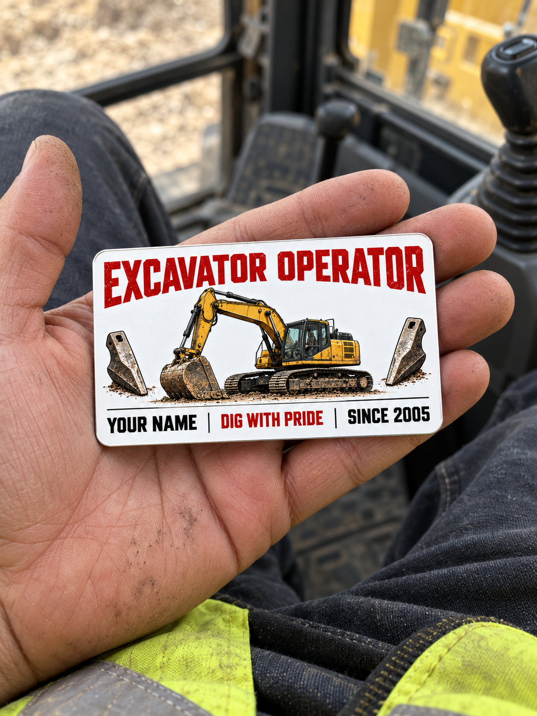 The printed front of the Excavator Operator Minimal Tool Grid aluminum wallet card shown in an occupational lifestyle setting with an adult worker.