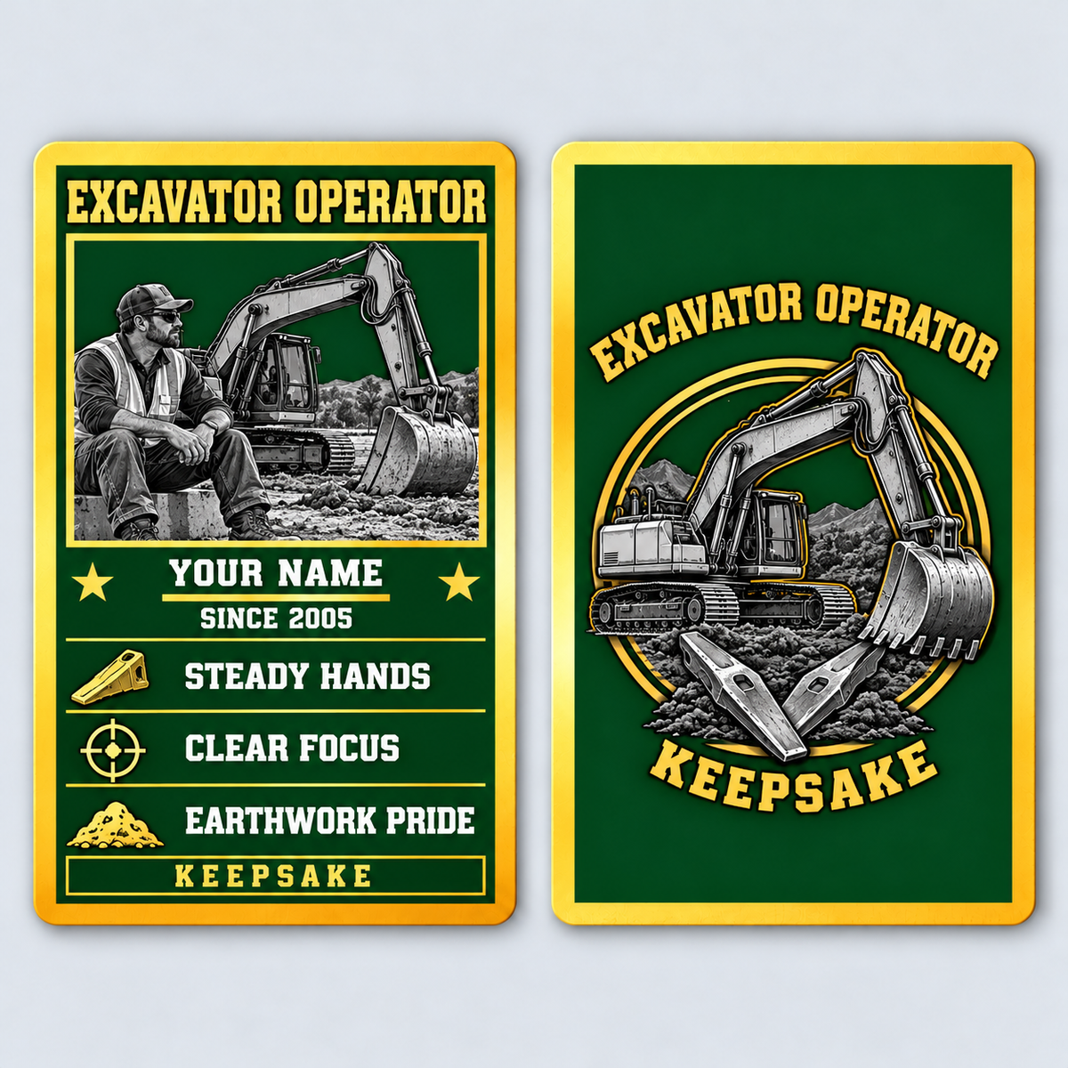 Front and reverse views of the Excavator Operator Trade Legend Collectible aluminum wallet card, showing its trade-themed printed artwork.