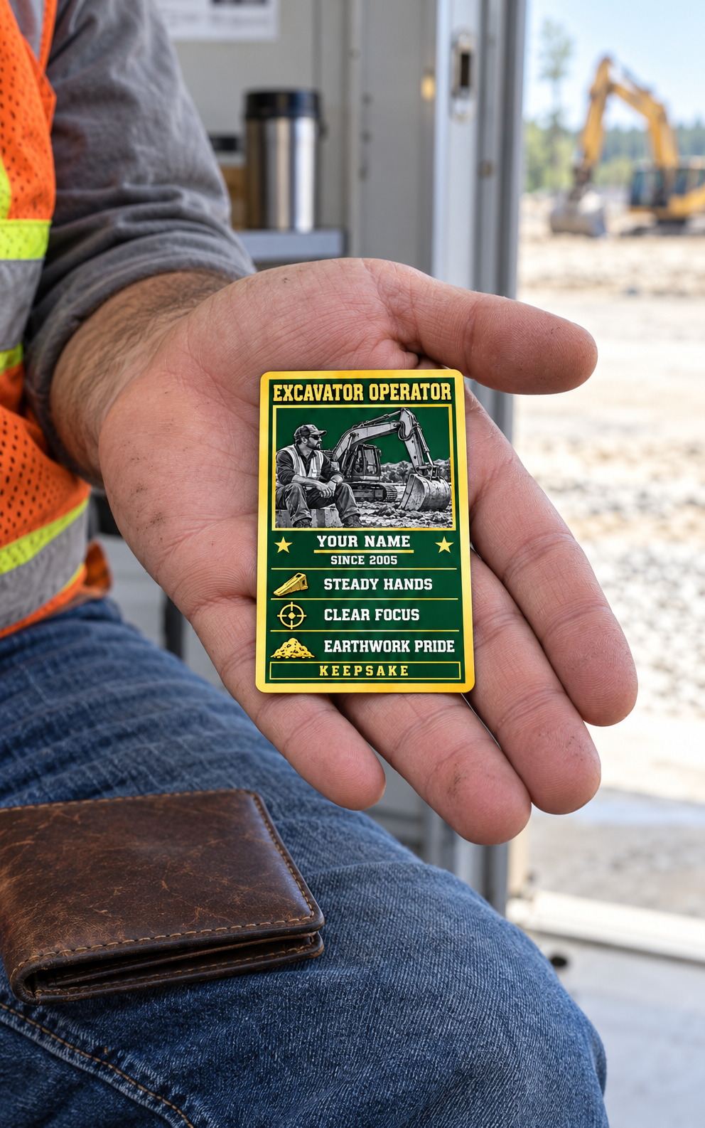 The printed front of the Excavator Operator Trade Legend Collectible aluminum wallet card shown in an occupational lifestyle setting with an adult worker.