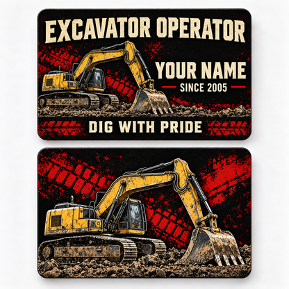 Front and reverse views of the Excavator Operator Midnight Pride aluminum wallet card, showing its trade-themed printed artwork.