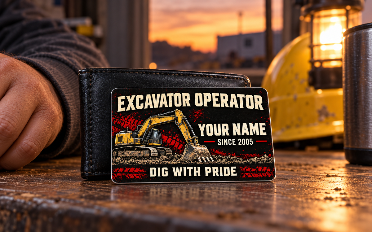 The printed front of the Excavator Operator Midnight Pride aluminum wallet card shown in an occupational lifestyle setting with an adult worker.