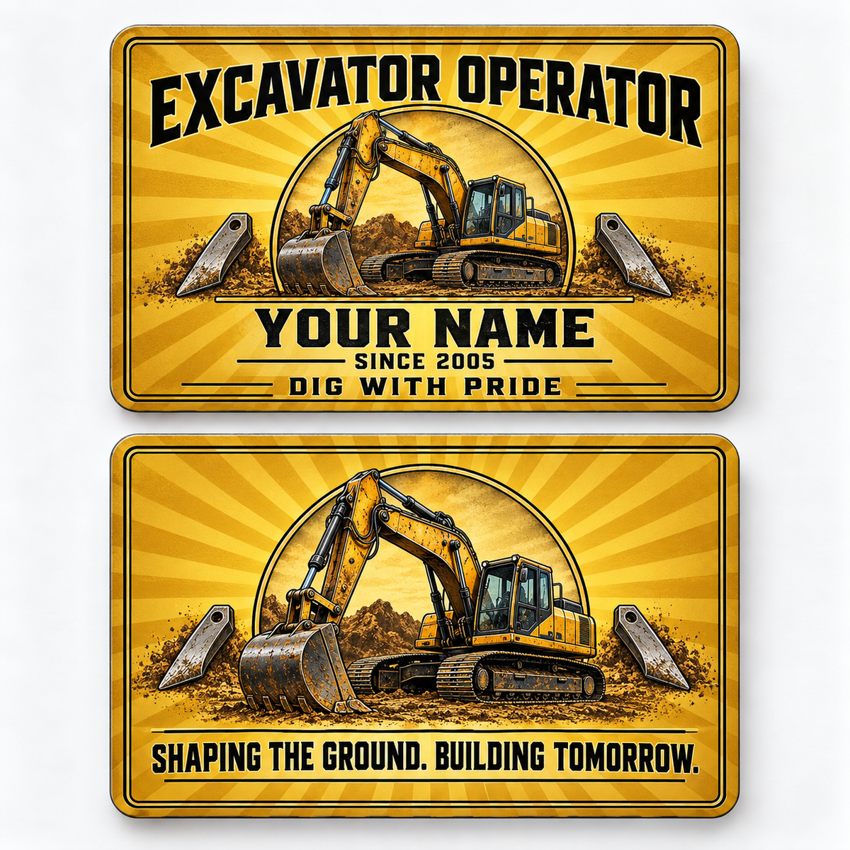Front and reverse views of the Excavator Operator Golden Milestone aluminum wallet card, showing its trade-themed printed artwork.