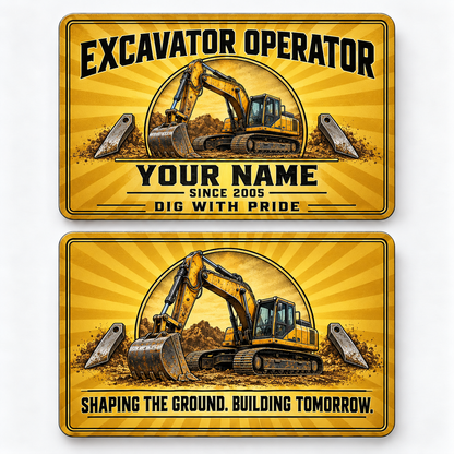 Front and reverse views of the Excavator Operator Golden Milestone aluminum wallet card, showing its trade-themed printed artwork.