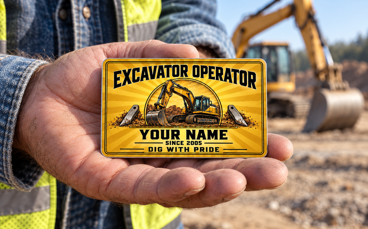 The printed front of the Excavator Operator Golden Milestone aluminum wallet card shown in an occupational lifestyle setting with an adult worker.