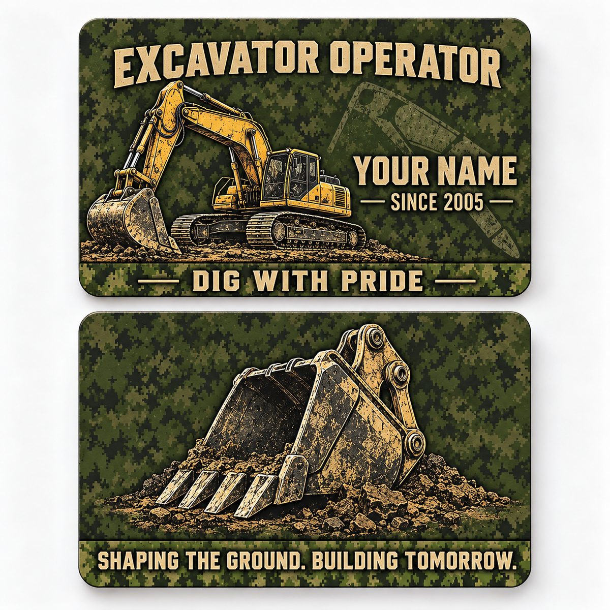 Front and reverse views of the Excavator Operator Rugged Field aluminum wallet card, showing its trade-themed printed artwork.