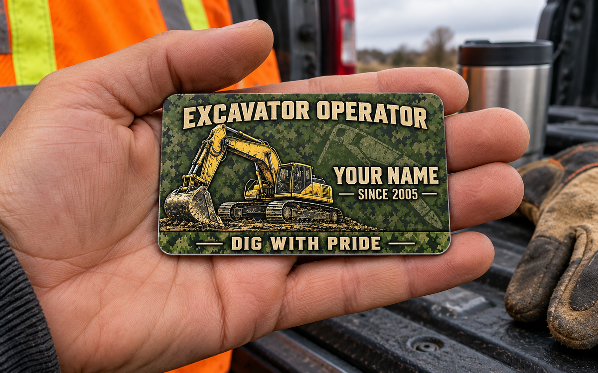 The printed front of the Excavator Operator Rugged Field aluminum wallet card shown in an occupational lifestyle setting with an adult worker.