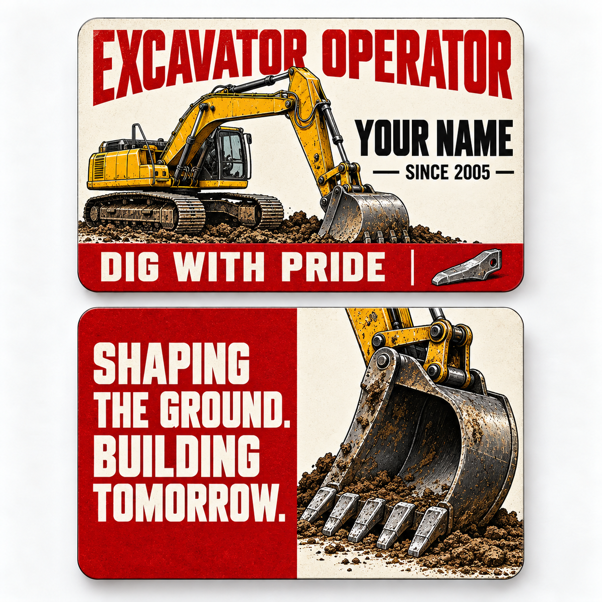 Front and reverse views of the Excavator Operator Signature Modern aluminum wallet card, showing its trade-themed printed artwork.