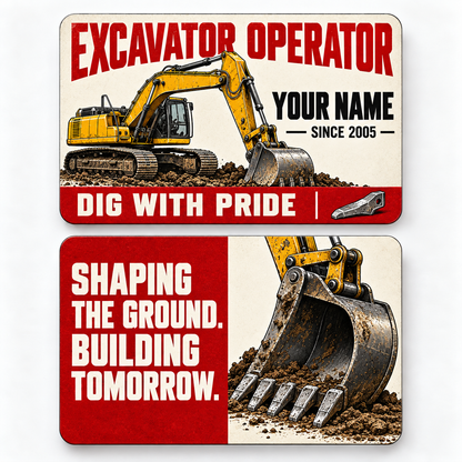 Front and reverse views of the Excavator Operator Signature Modern aluminum wallet card, showing its trade-themed printed artwork.