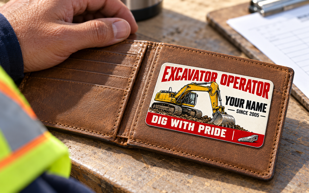 The printed front of the Excavator Operator Signature Modern aluminum wallet card shown in an occupational lifestyle setting with an adult worker.