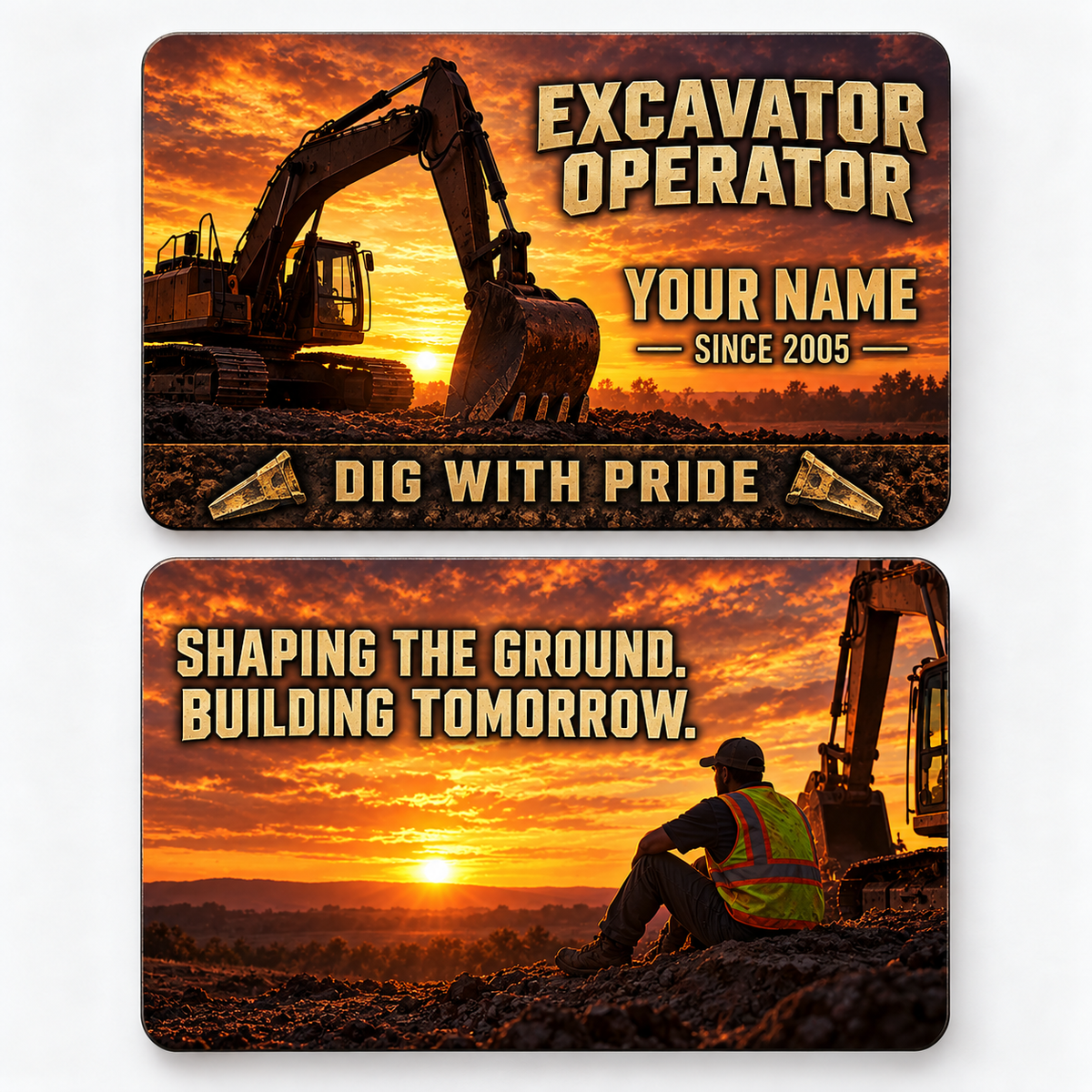 Front and reverse views of the Excavator Operator Sunset Workday aluminum wallet card, showing its trade-themed printed artwork.