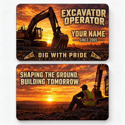 Front and reverse views of the Excavator Operator Sunset Workday aluminum wallet card, showing its trade-themed printed artwork.