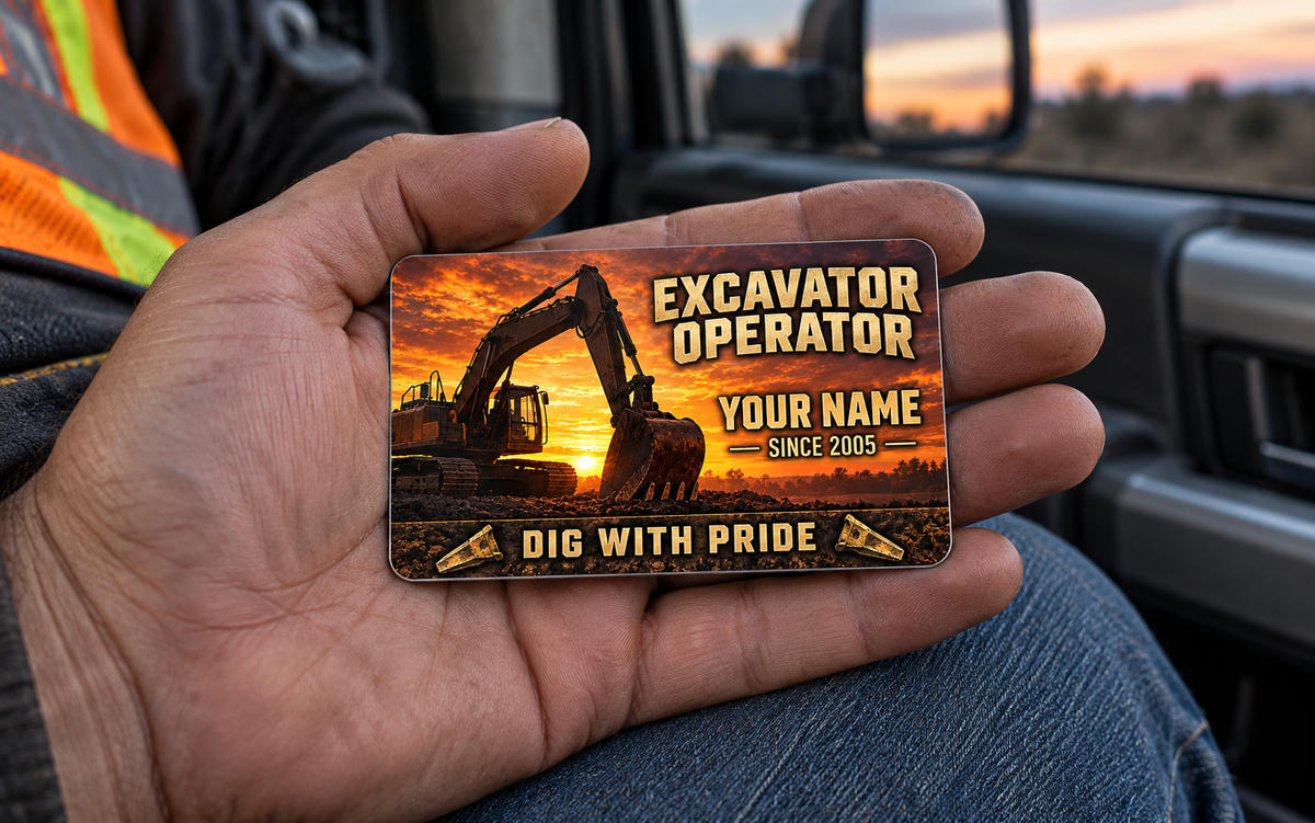 The printed front of the Excavator Operator Sunset Workday aluminum wallet card shown in an occupational lifestyle setting with an adult worker.