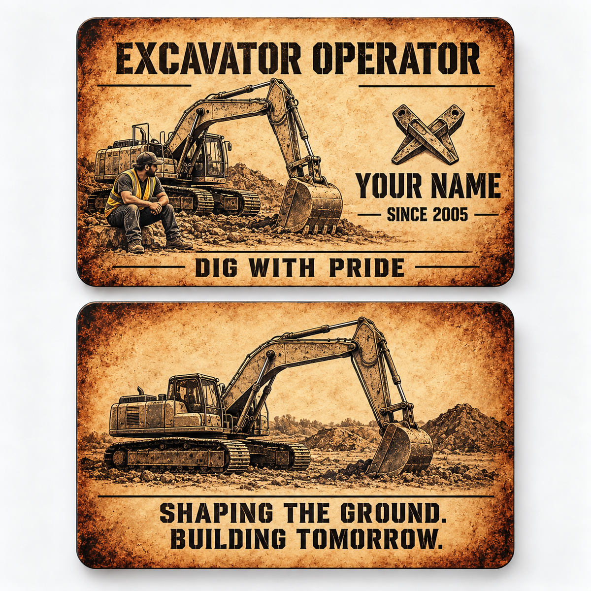 Front and reverse views of the Excavator Operator Sepia Craft Legacy aluminum wallet card, showing its trade-themed printed artwork.