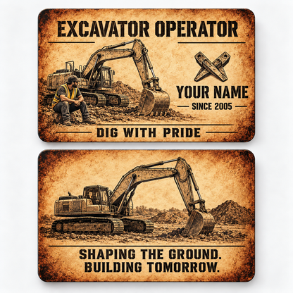 Front and reverse views of the Excavator Operator Sepia Craft Legacy aluminum wallet card, showing its trade-themed printed artwork.