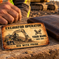 The printed front of the Excavator Operator Sepia Craft Legacy aluminum wallet card shown in an occupational lifestyle setting with an adult worker.