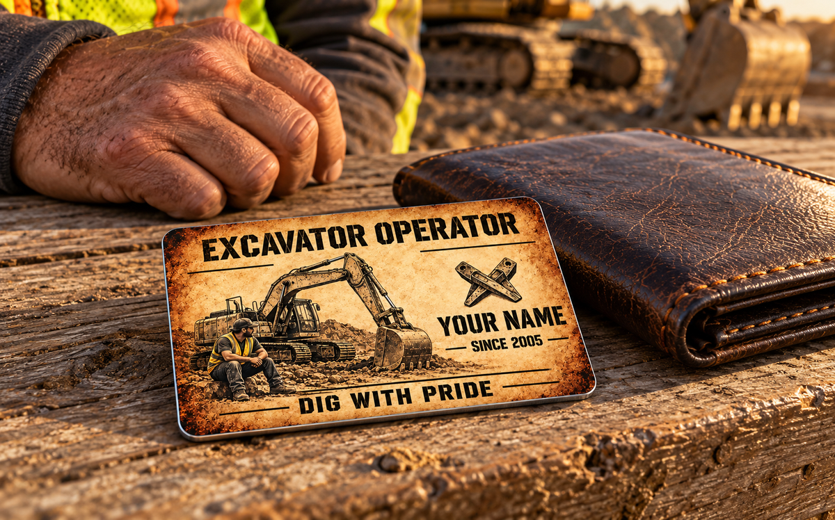 The printed front of the Excavator Operator Sepia Craft Legacy aluminum wallet card shown in an occupational lifestyle setting with an adult worker.