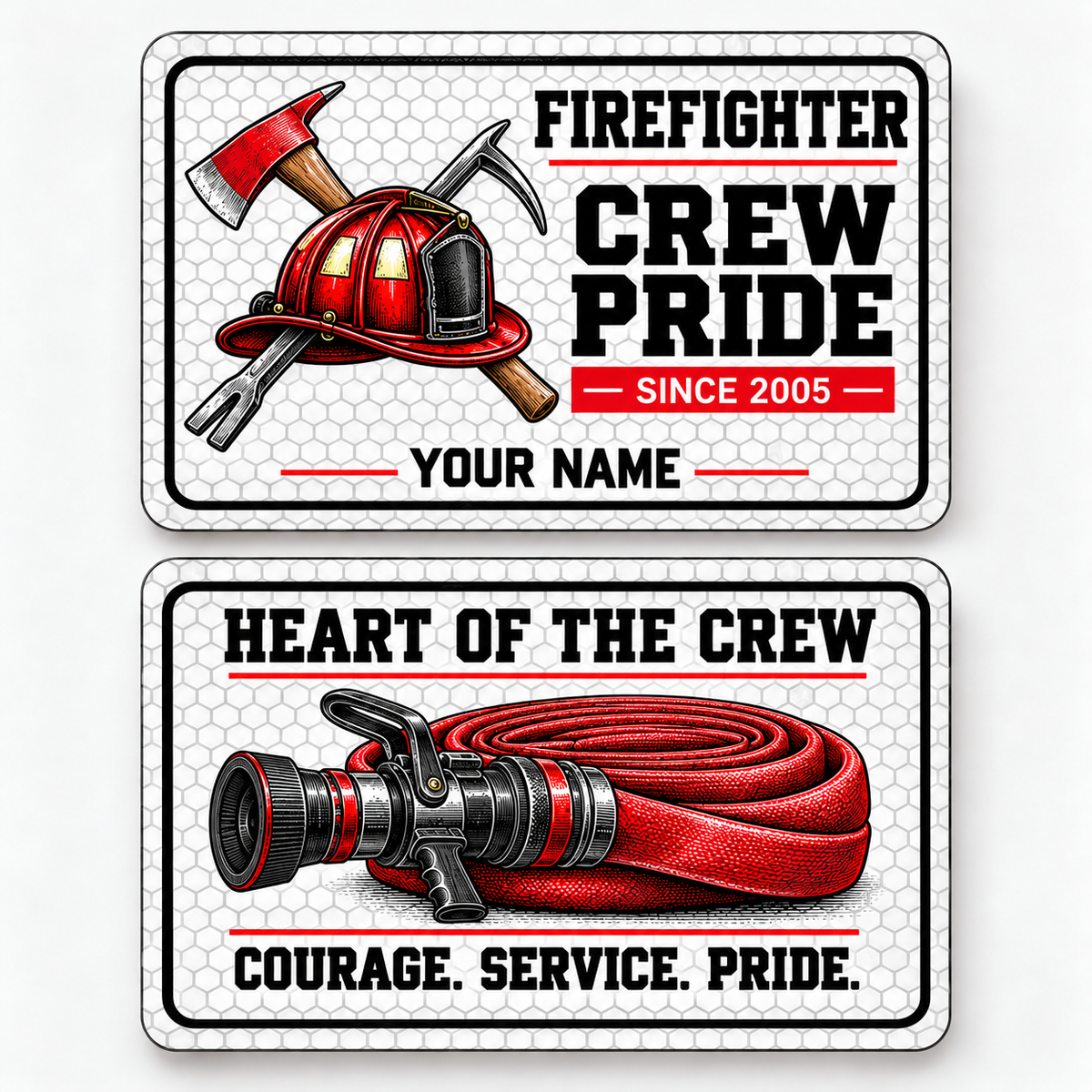 Front and reverse of a white honeycomb firefighter wallet card with red helmet, fire tools and crew-pride lettering.