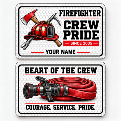 Front and reverse of a white honeycomb firefighter wallet card with red helmet, fire tools and crew-pride lettering.