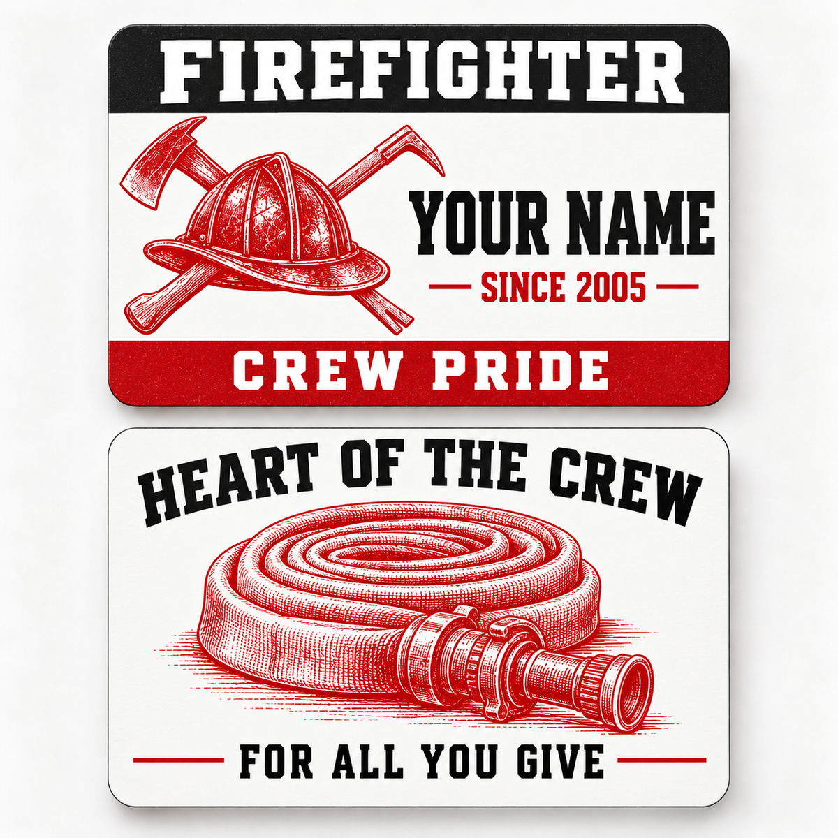 Front and reverse of a firefighter red monochrome wallet card with trade-themed artwork and pride lettering.