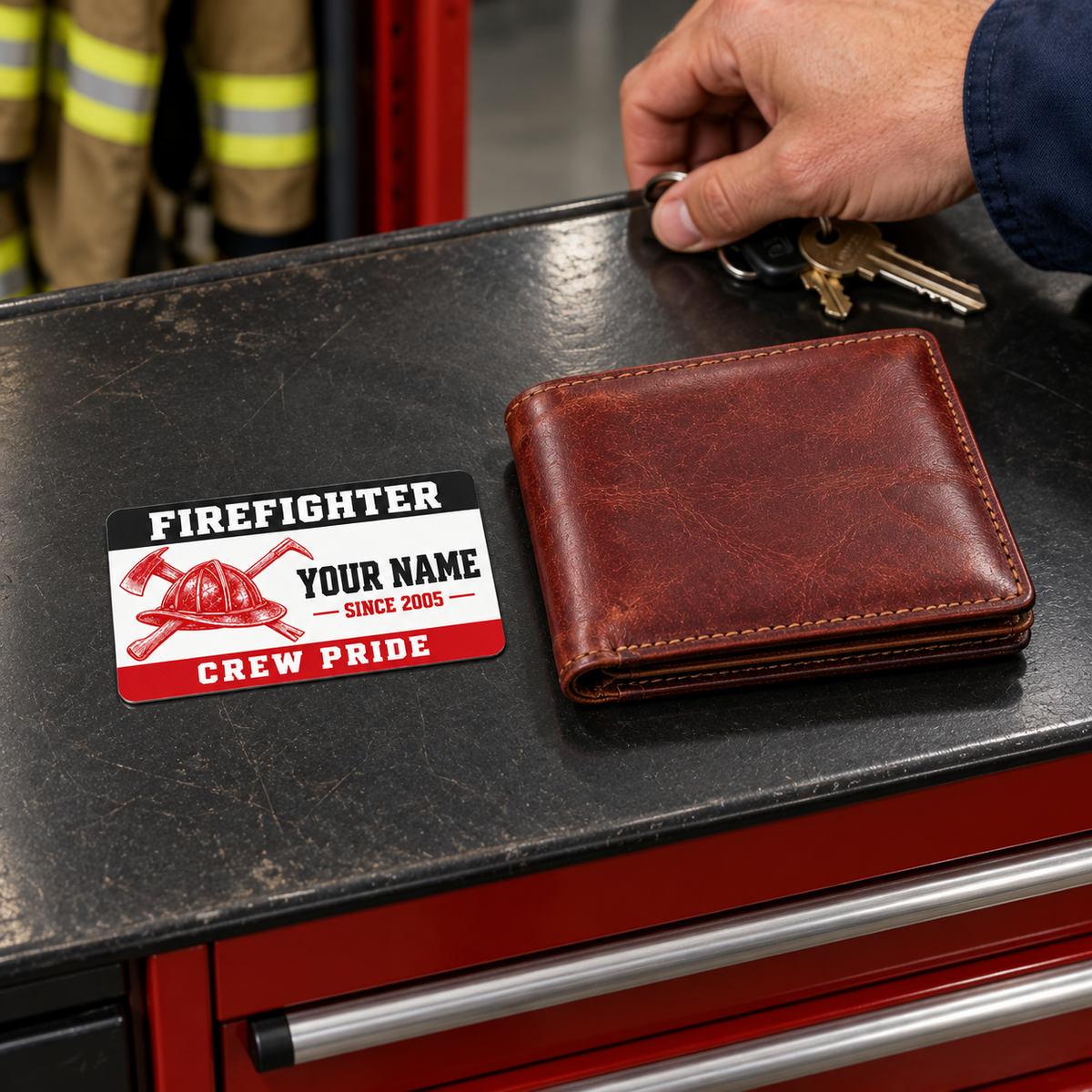 Firefighter wallet card in a fire station with an adult man and leather wallet.