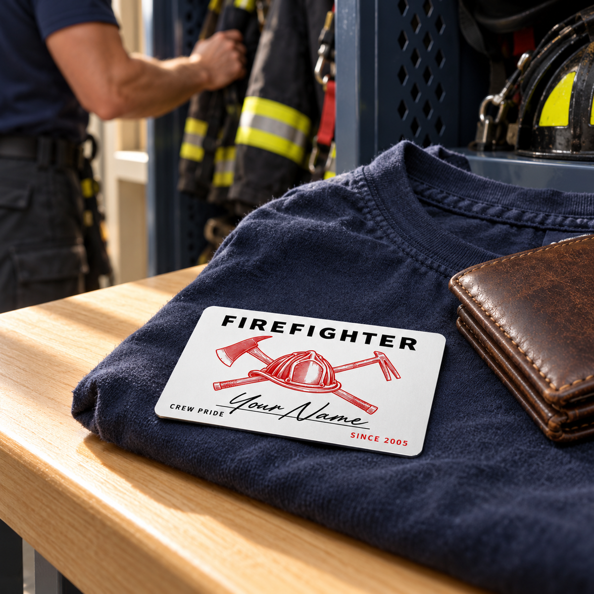 White signature firefighter card on a folded navy shirt beside a wallet while an adult man hangs his station gear.