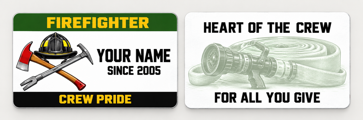 Front and reverse of a firefighter green band wallet card with trade-themed artwork and pride lettering.