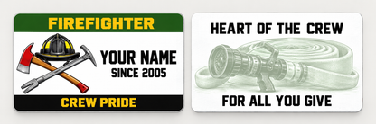 Front and reverse of a firefighter green band wallet card with trade-themed artwork and pride lettering.