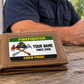 Firefighter wallet card in a fire station with an adult man and leather wallet.
