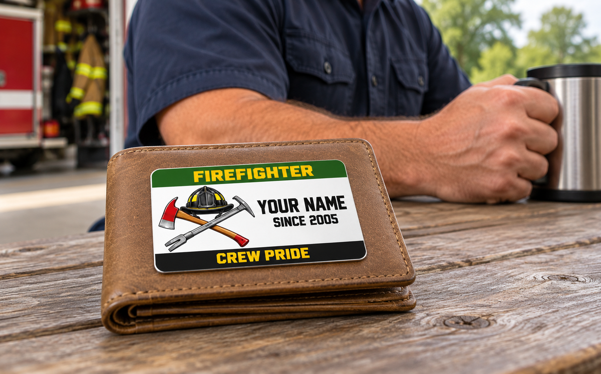 Firefighter wallet card in a fire station with an adult man and leather wallet.