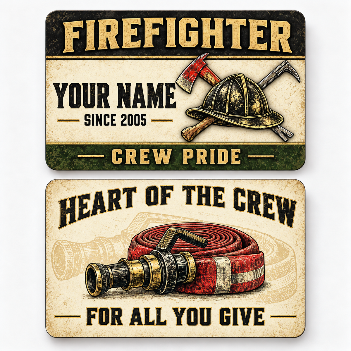 Front and reverse of a firefighter heritage band wallet card with trade-themed artwork and pride lettering.